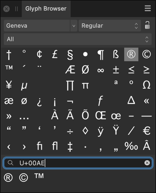 Glyph Browser panel