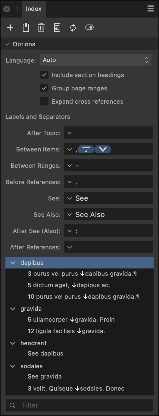 Index panel