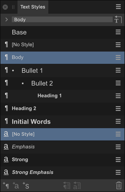 Text Styles panel