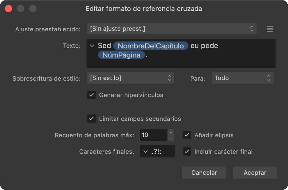 Cuadro de diálogo Editar formato de referencia cruzada