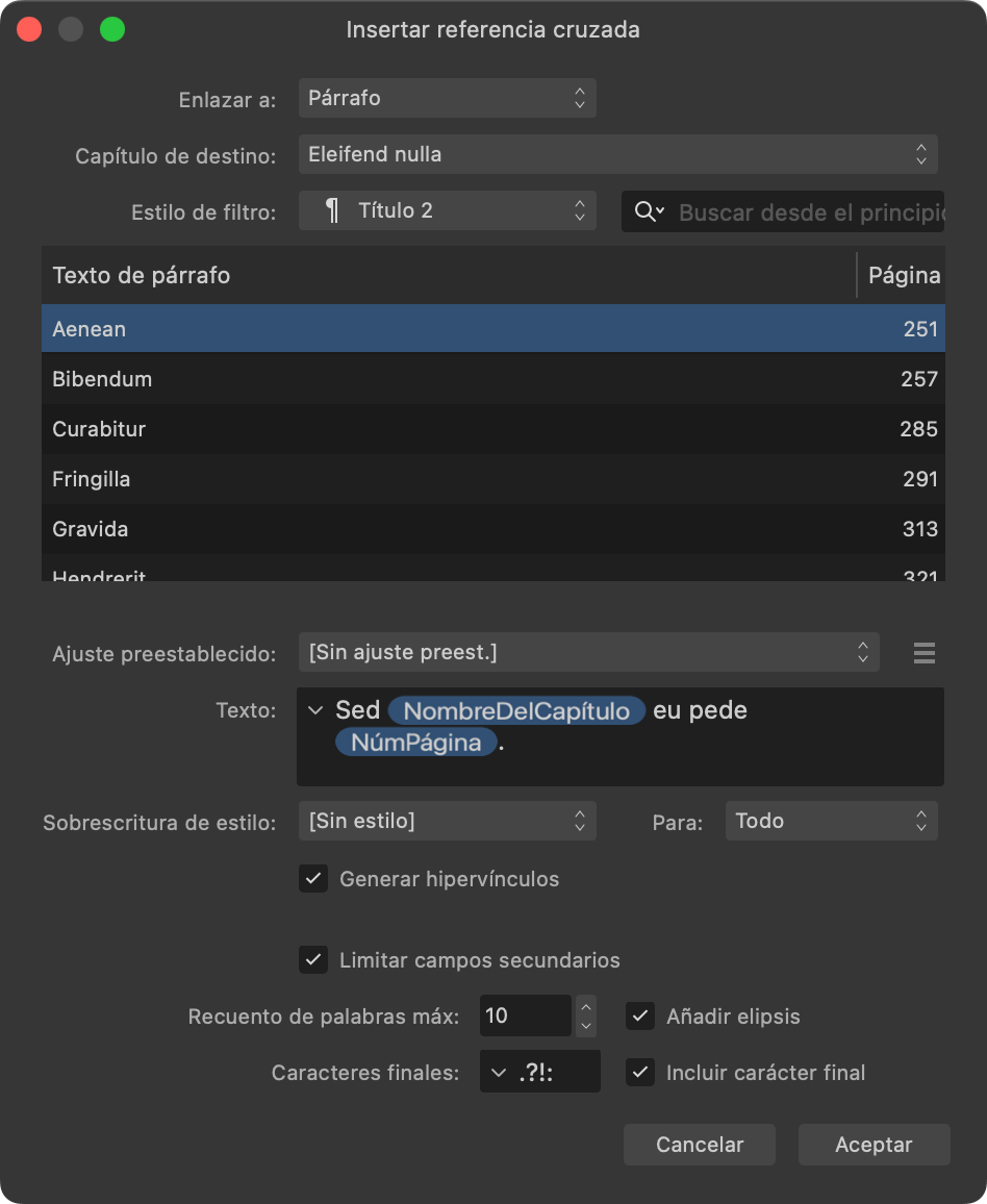 Cuadro de diálogo Insertar referencia cruzada