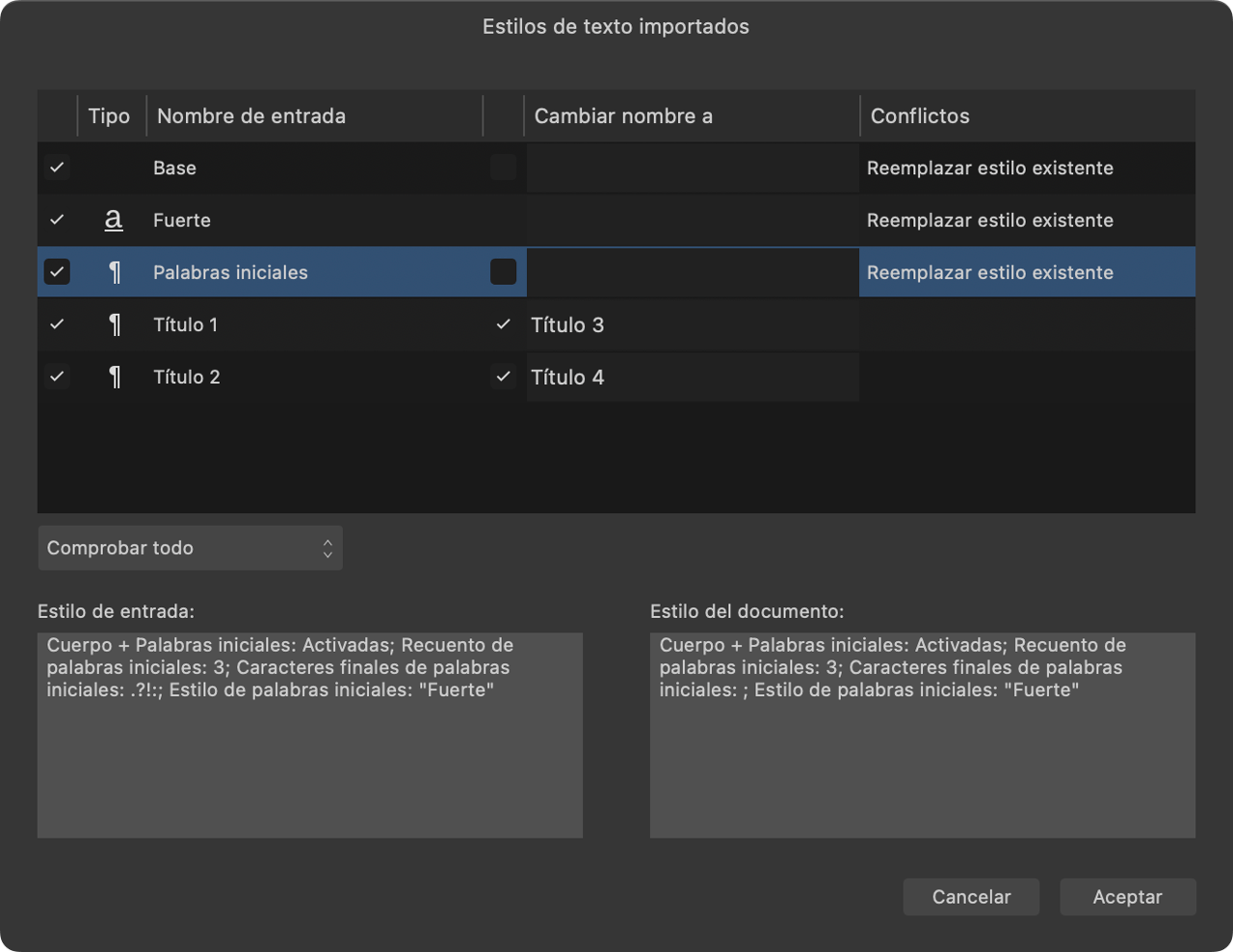 Cuadro de diálogo Estilos de texto importados