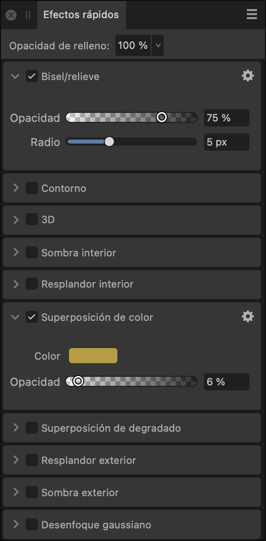 Panel Efectos rápidos