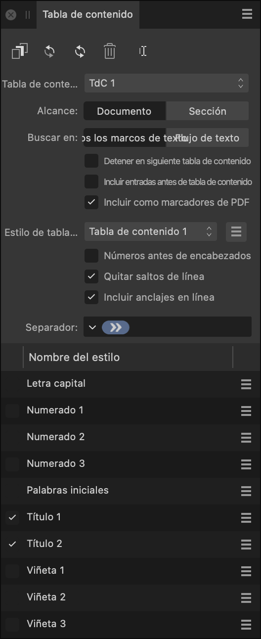 Panel de tabla de contenido