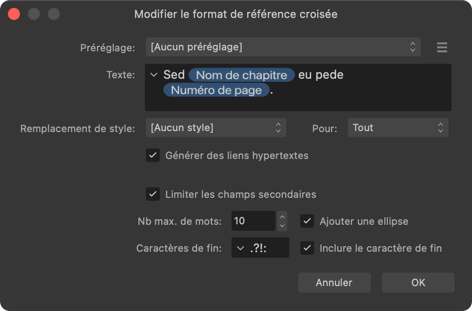 Zone de dialogue Modifier le format de référence croisée