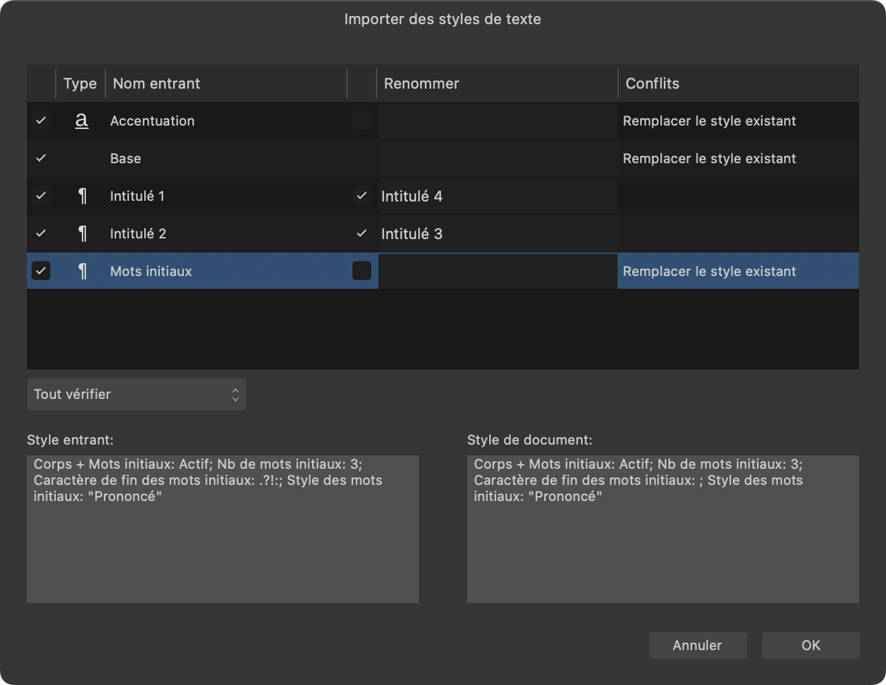 Zone de dialogue Styles de texte importés