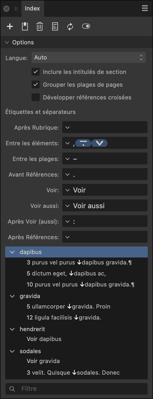 Sous-fenêtre Index