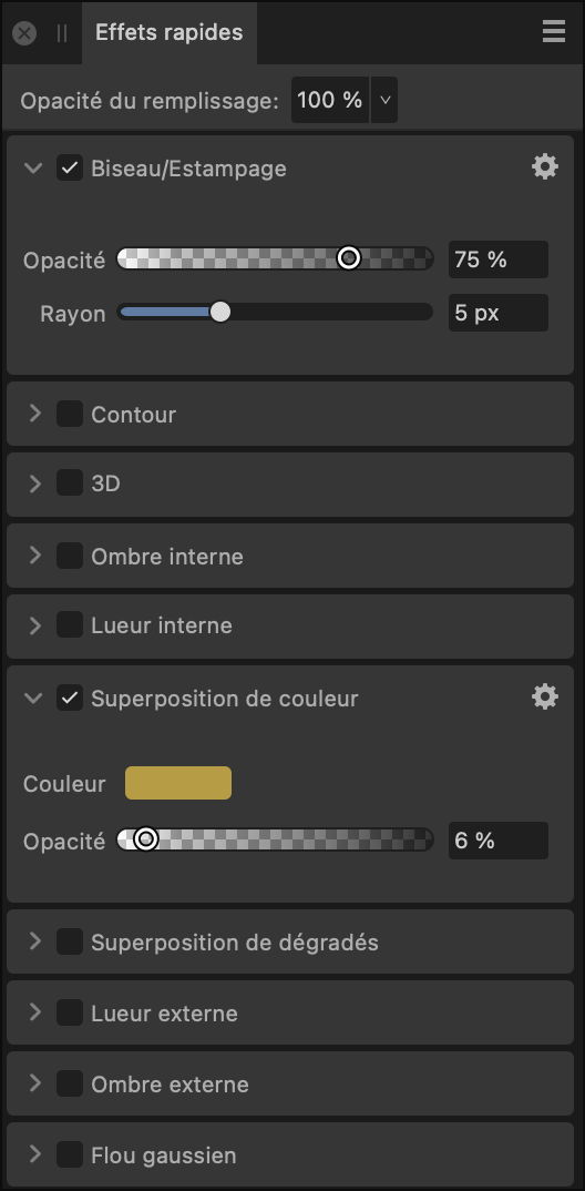 Sous-fenêtre Effets rapides