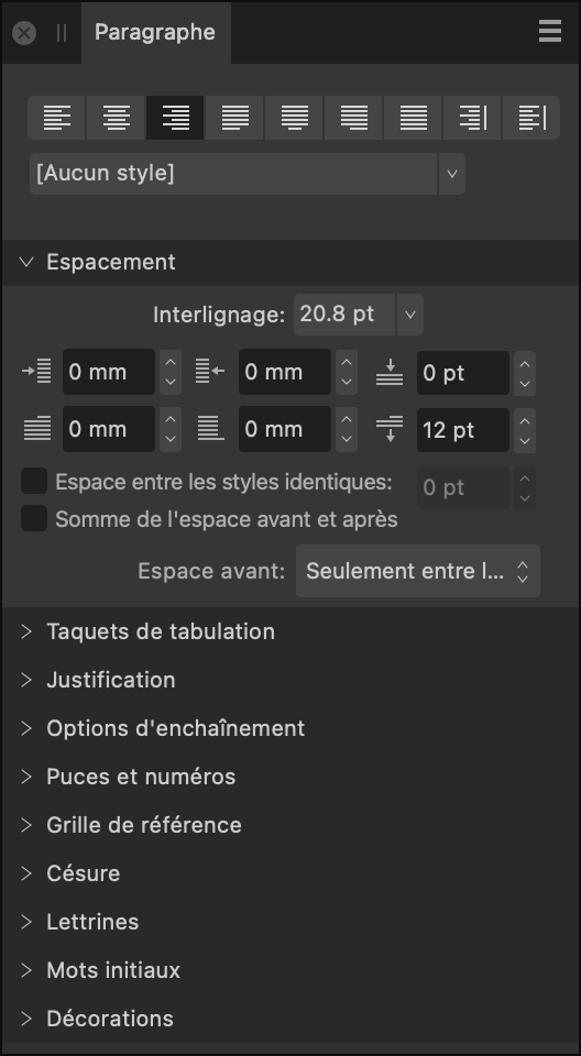 Sous-fenêtre Paragraphe