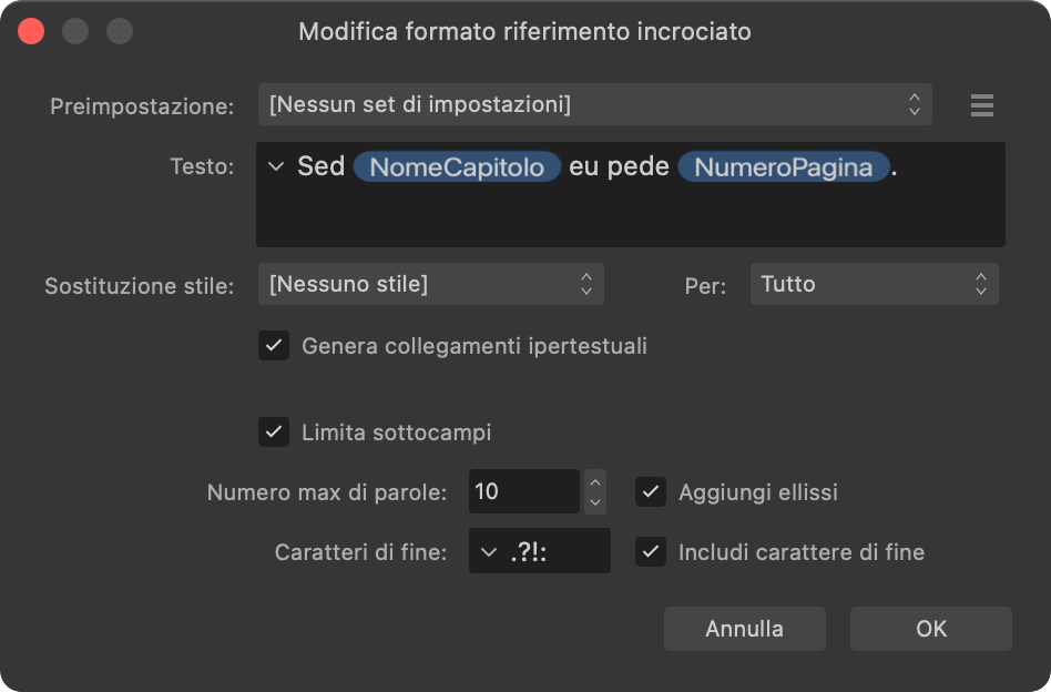 Finestra di dialogo Modifica formato riferimento incrociato