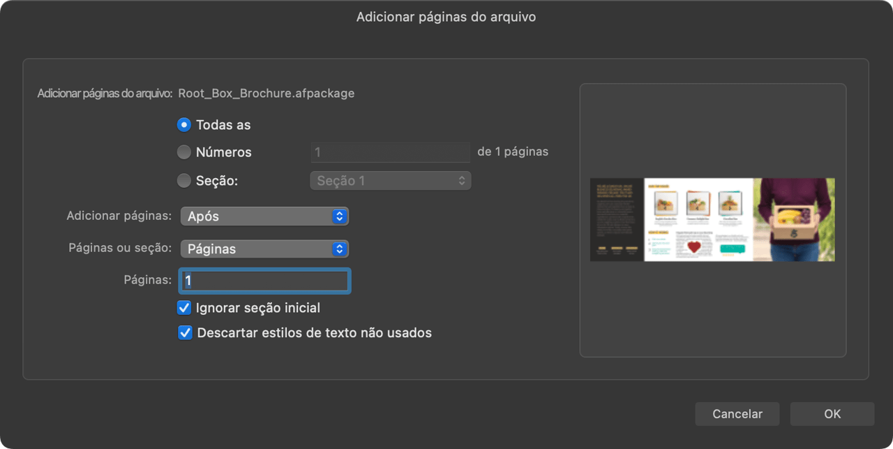 Caixa de diálogo Adicionar páginas do arquivo