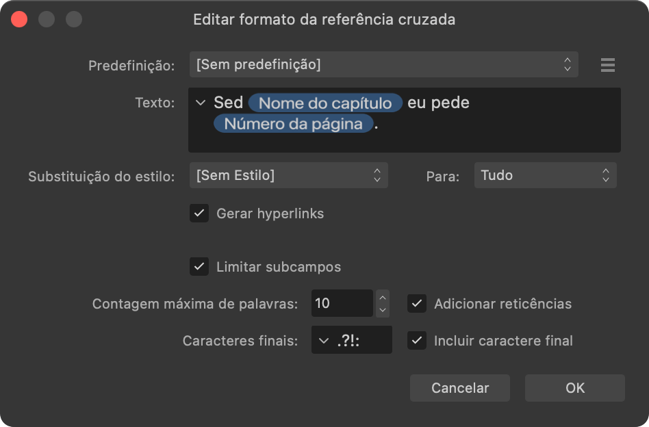 Caixa de diálogo Editar formato da referência cruzada