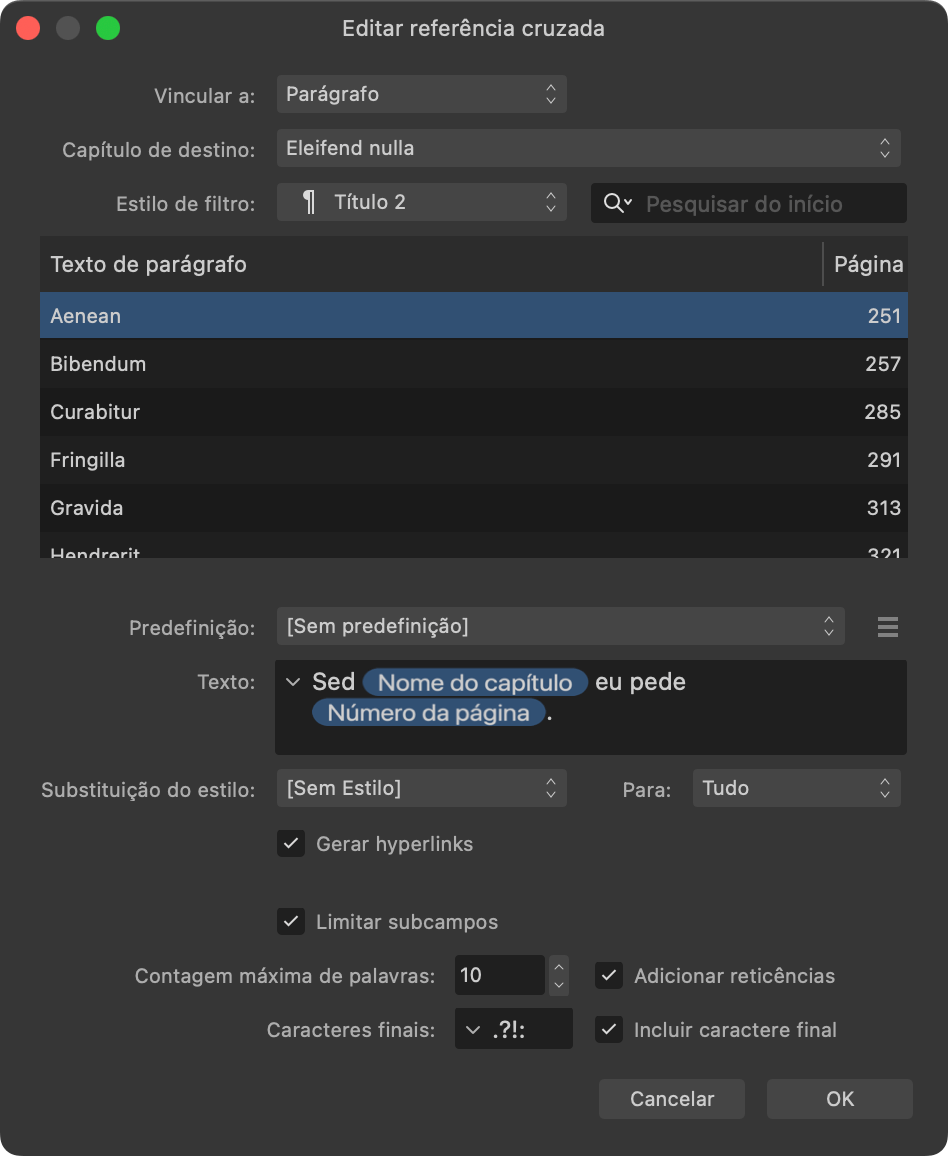 Opções de formatação na caixa de diálogo Inserir referência cruzada