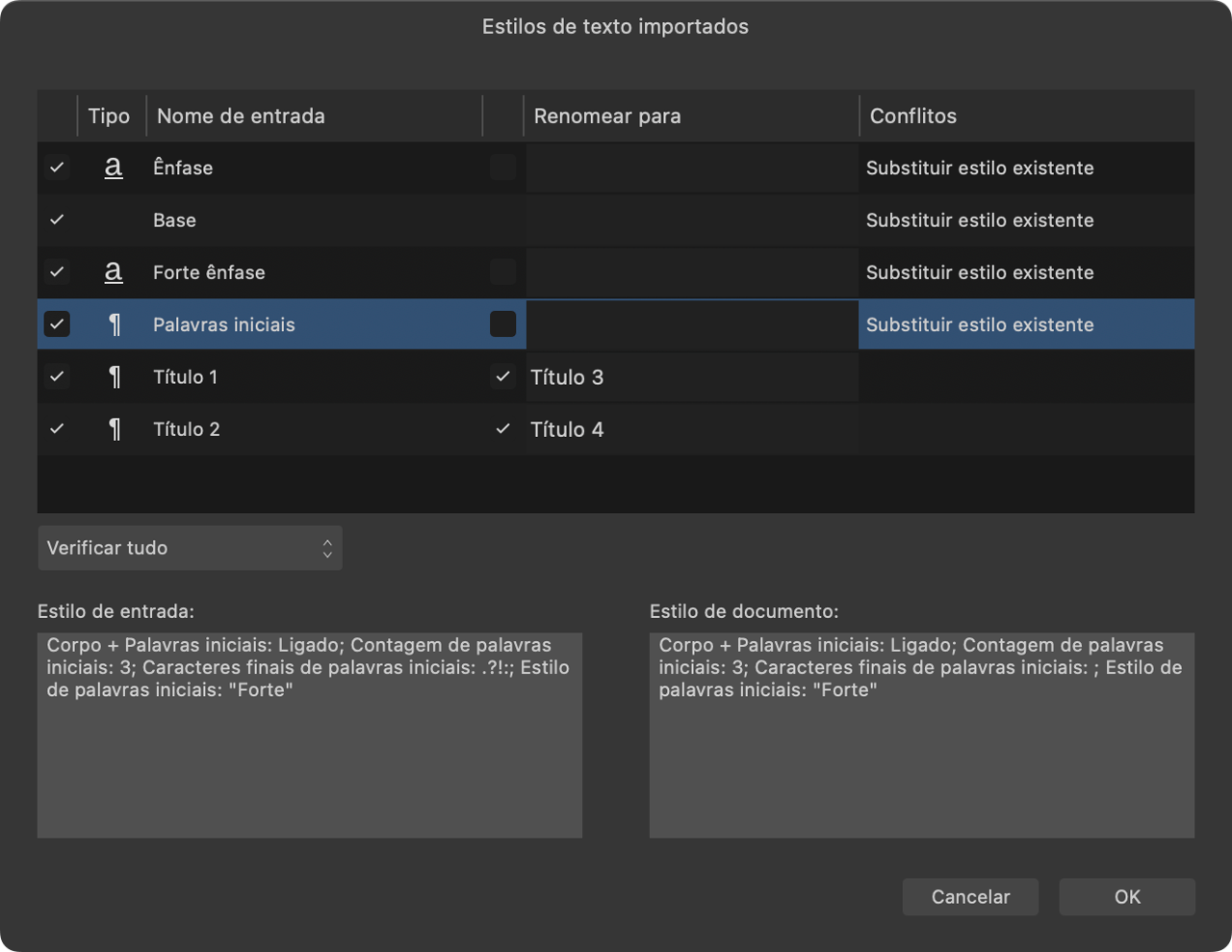Caixa de diálogo Estilos de texto importados