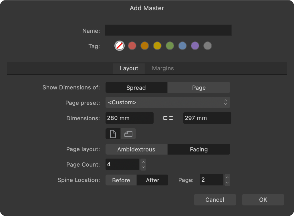 Adding a four-page master with spine located at its centre.