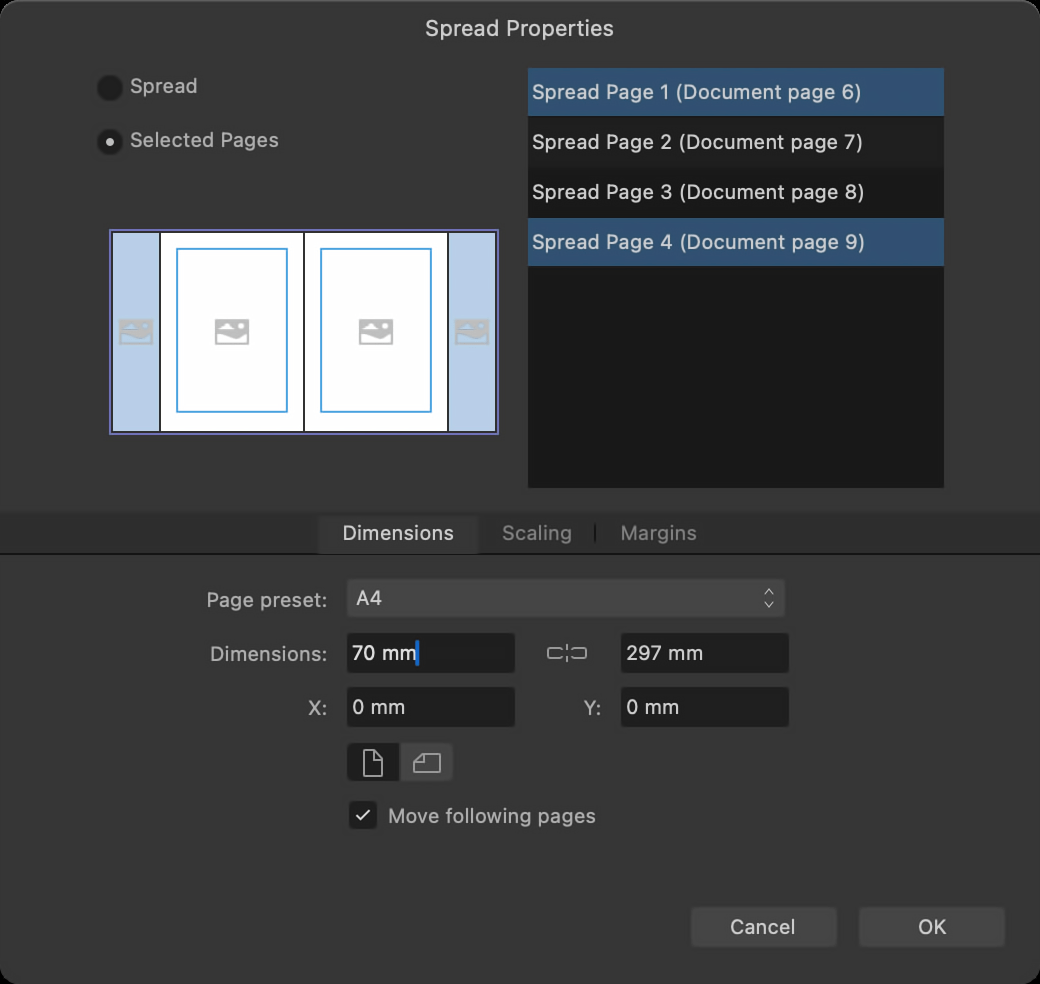 Selectively resizing some of a spread's pages