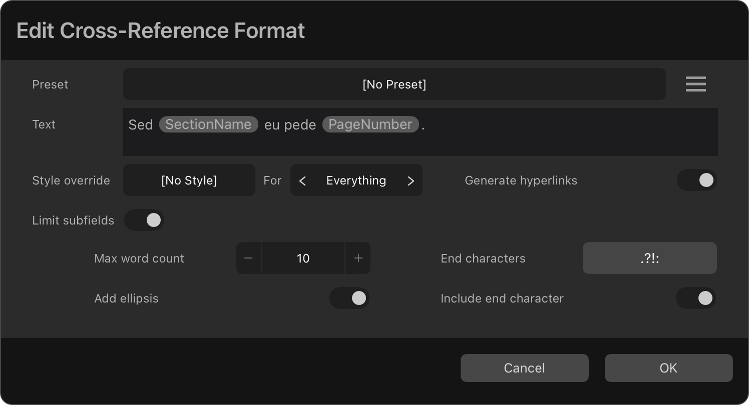 Edit Cross-Reference Format dialog