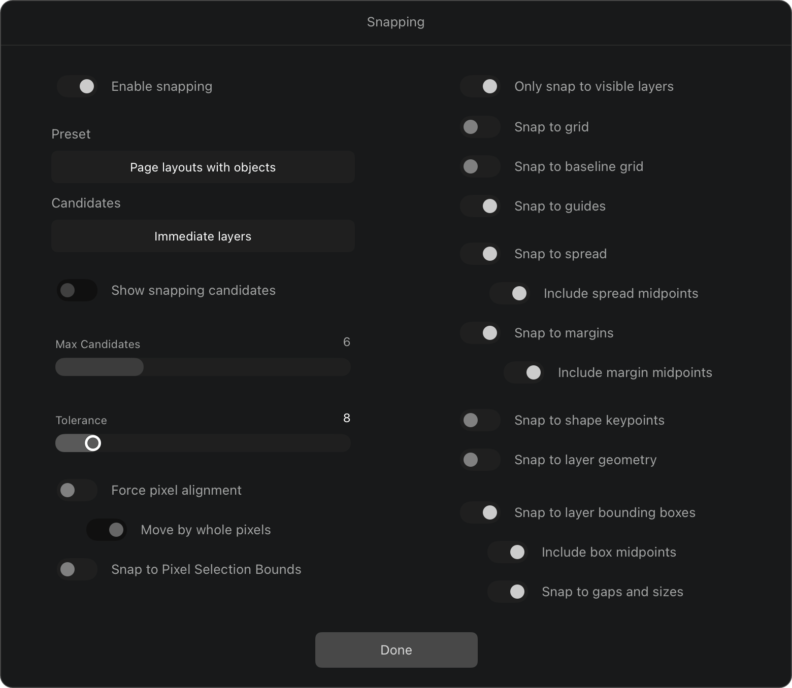 Snapping options