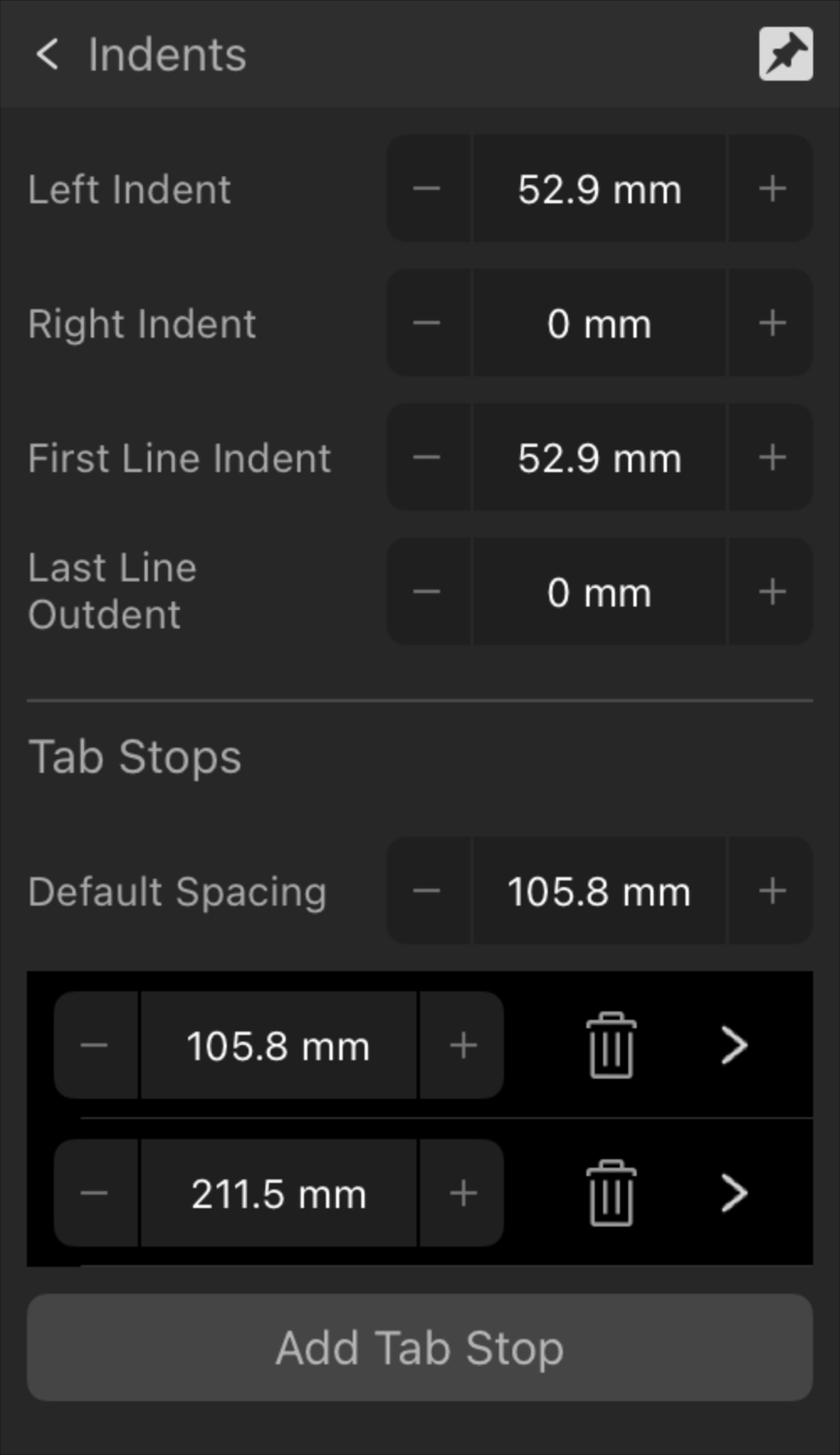 Expanded Indents and Tab Stops section