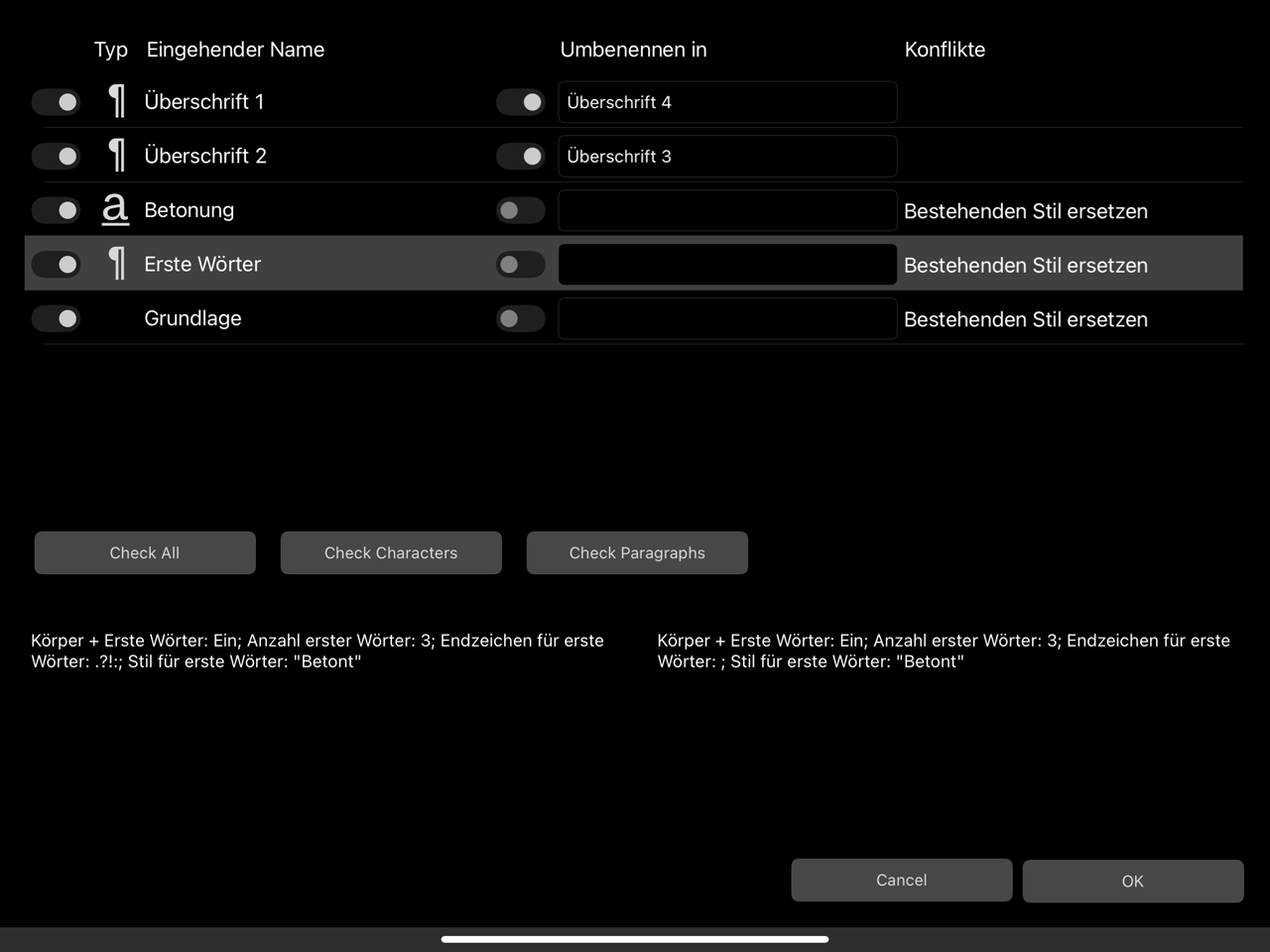 Dialogfeld „Importierte Textstile“