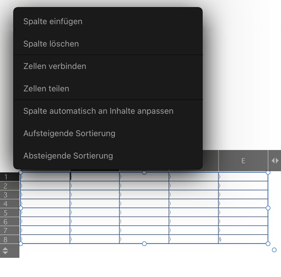 Kontextuelle Optionen für eine Tabellenspalte