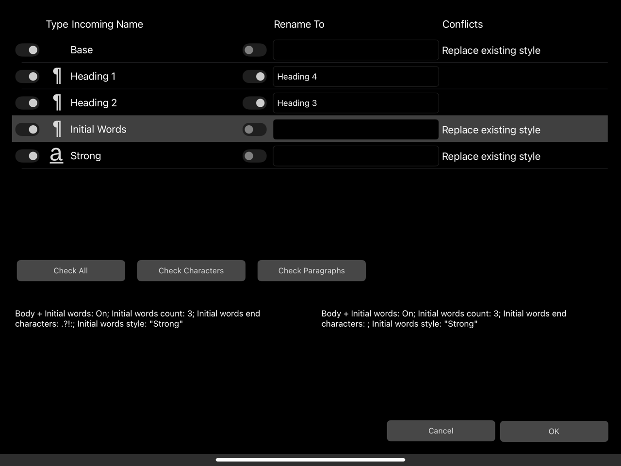 Imported Text styles dialog