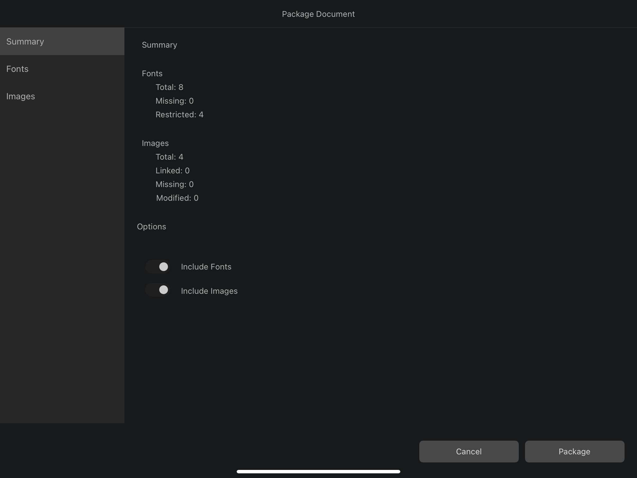 The Package Document dialog when creating a package.