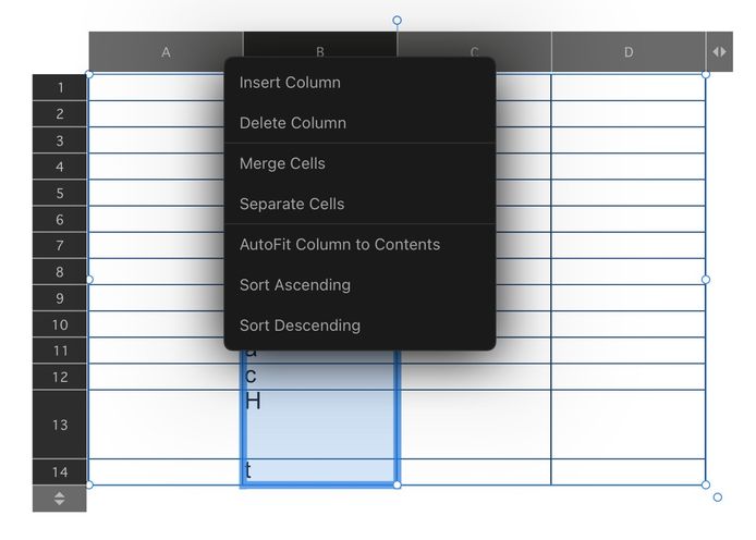 Contextual options for a table column