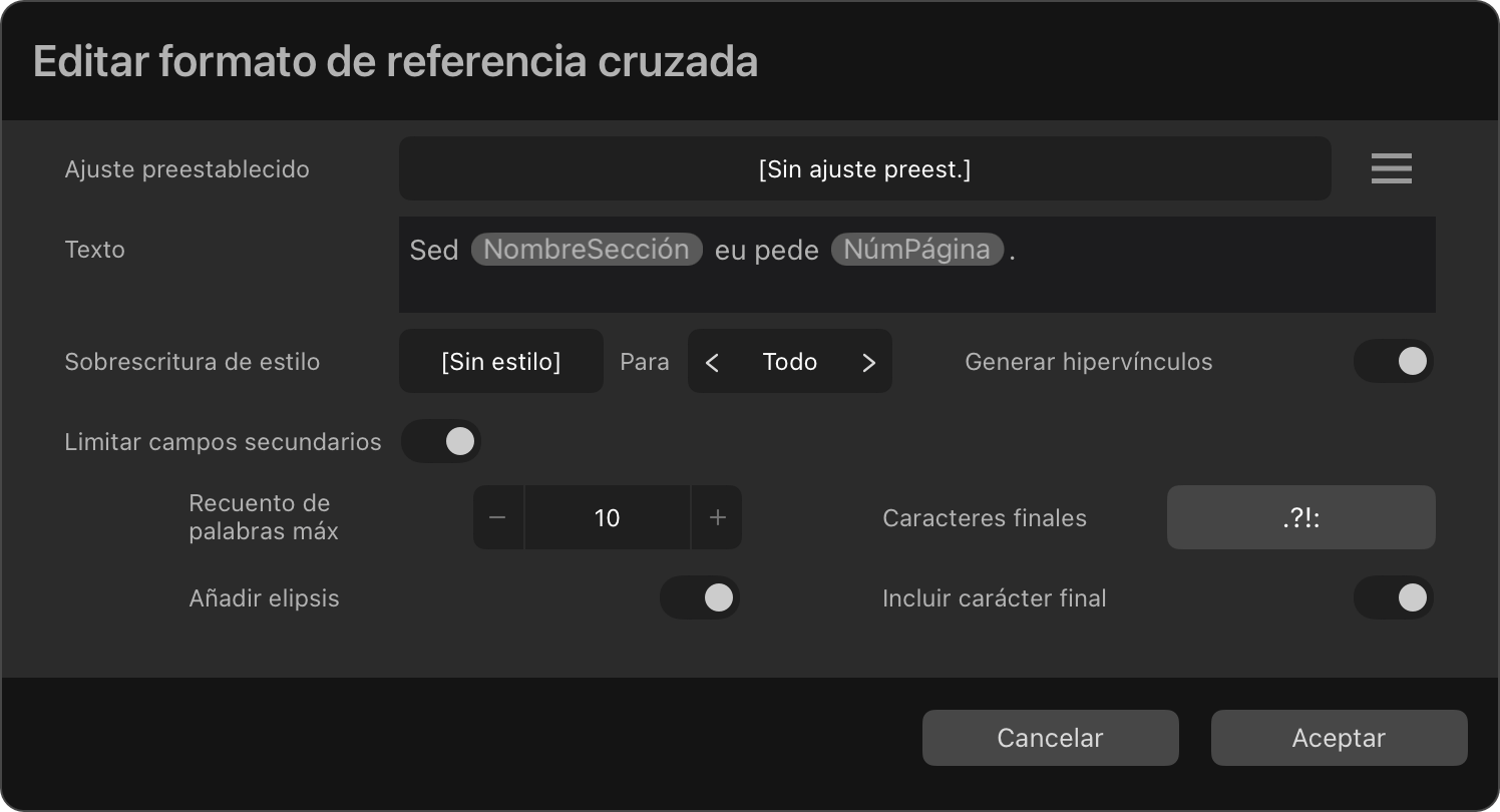 Cuadro de diálogo Editar formato de referencia cruzada