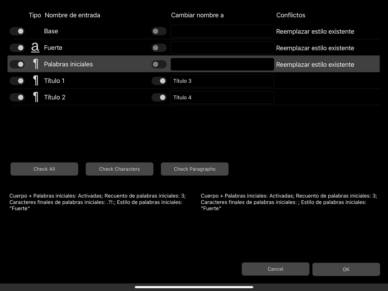 Cuadro de diálogo Estilos de texto importados