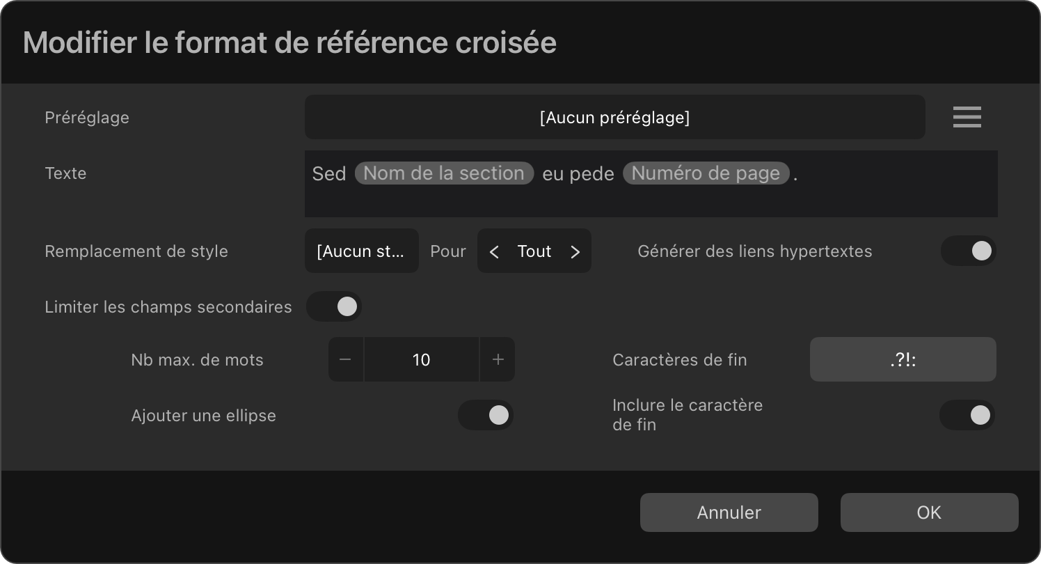 Zone de dialogue Modifier le format de référence croisée