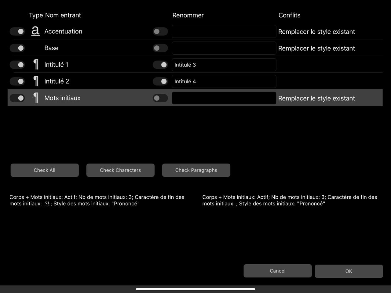 Zone de dialogue Styles de texte importés