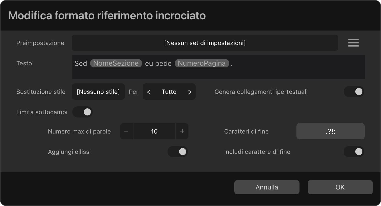 Finestra di dialogo Modifica formato riferimento incrociato