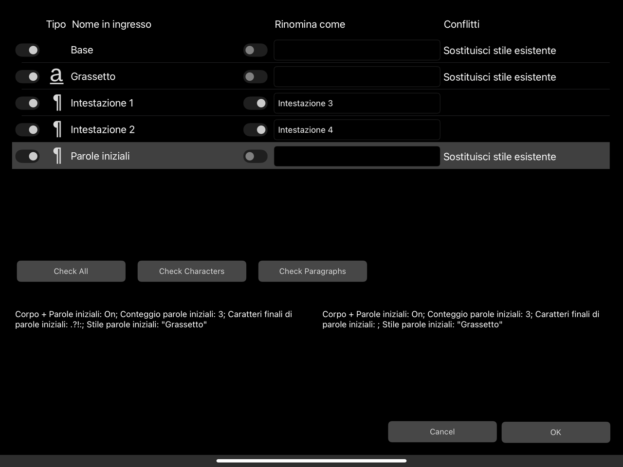 Finestra di dialogo Stili di testo importati
