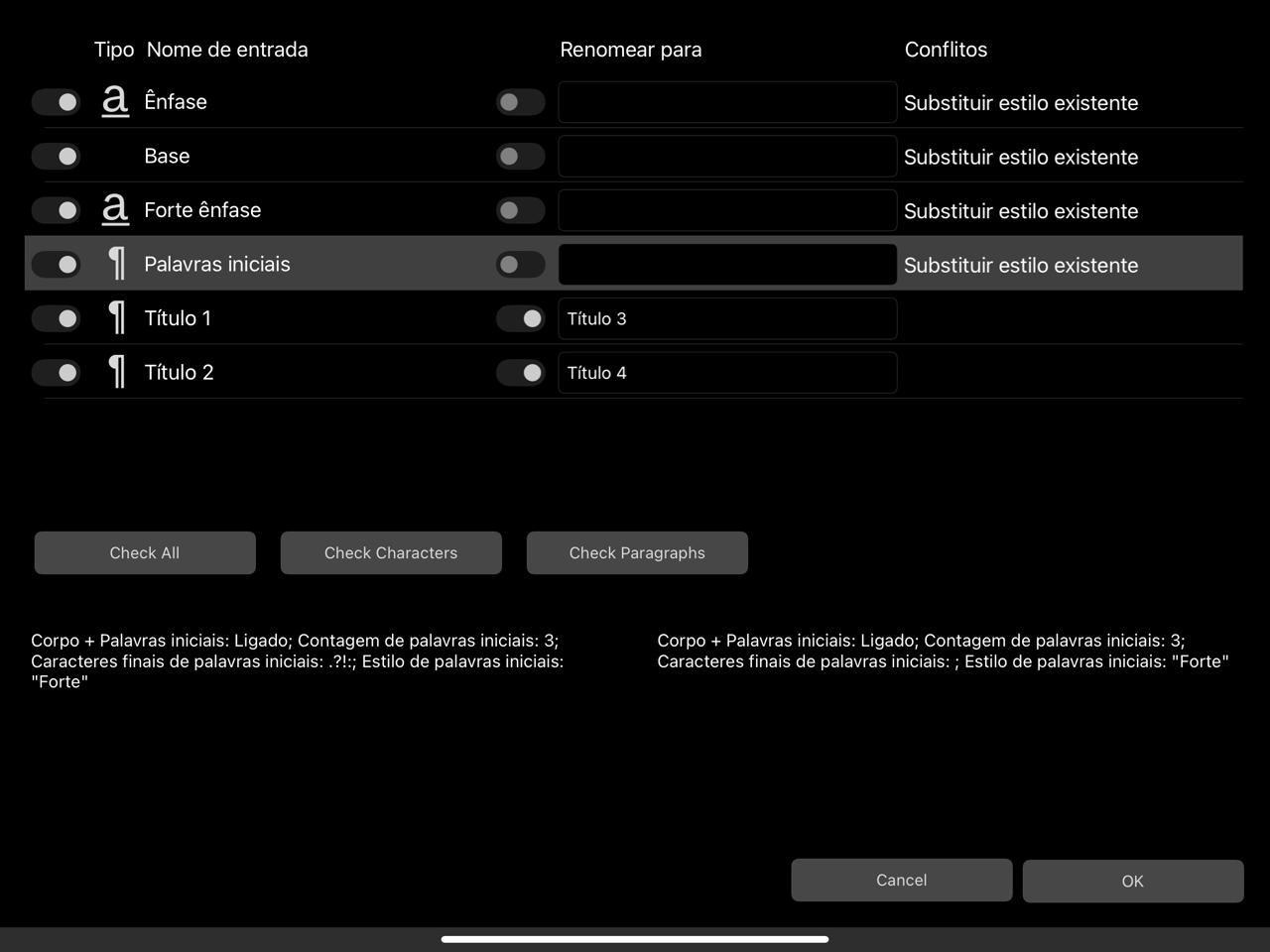 Caixa de diálogo Estilos de texto importados