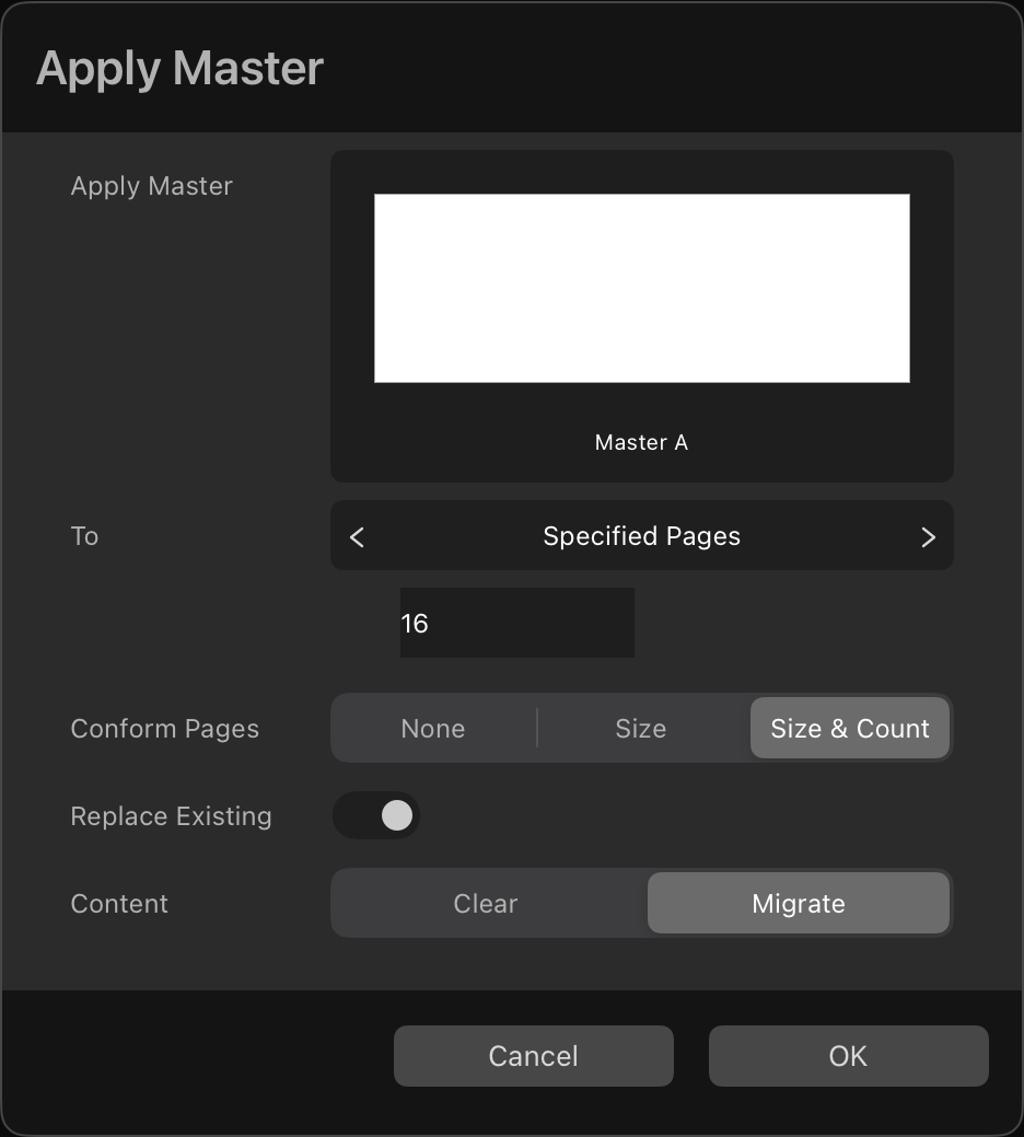 Conforming page size and count when applying a master